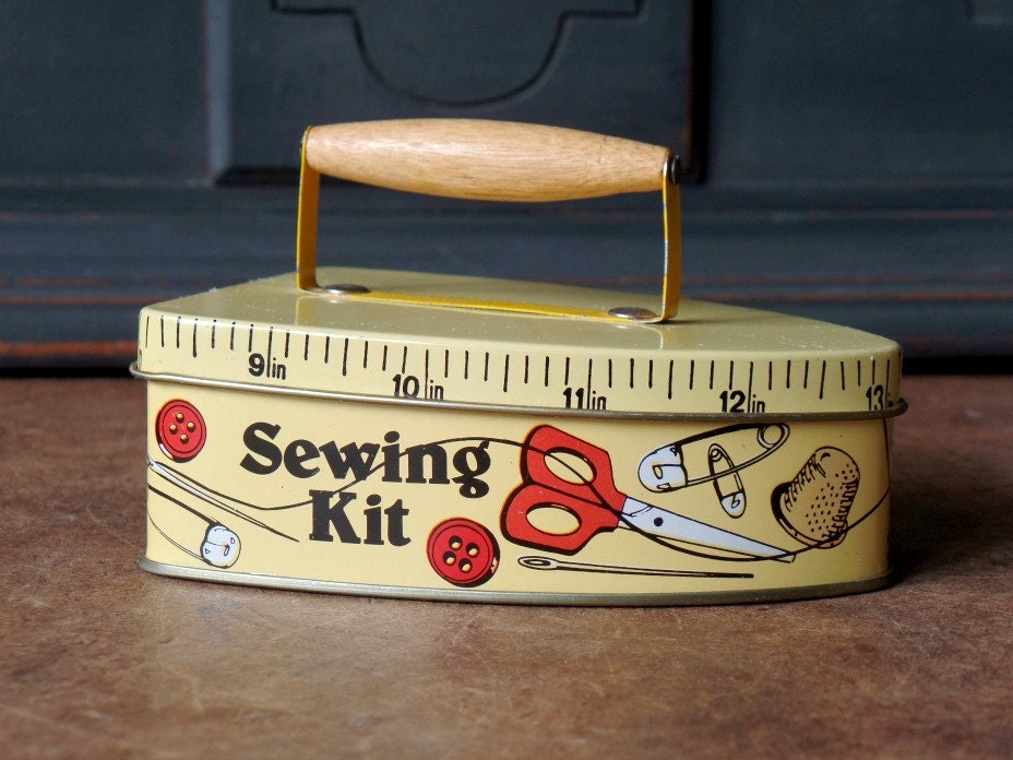 Vintage Tin, Sewing Notions Kit, Collectible, Graphics, Kitschy Haute Juice