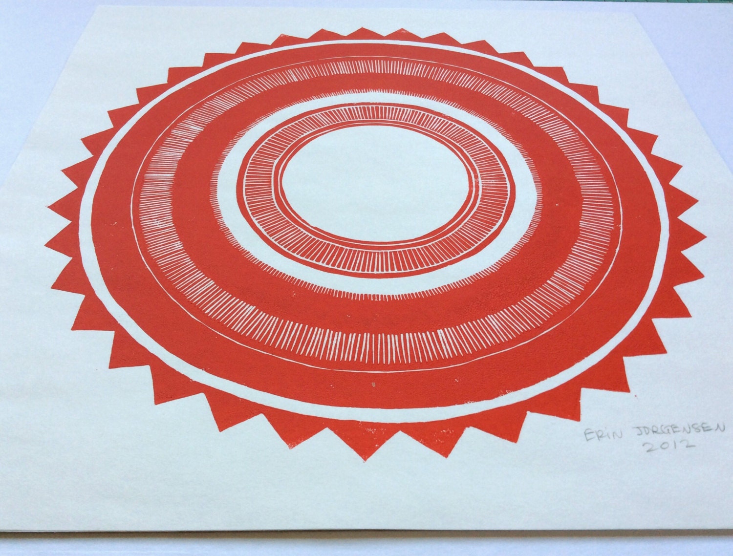 linoleum block print RED SUN 12x12 / geometric art by nourart