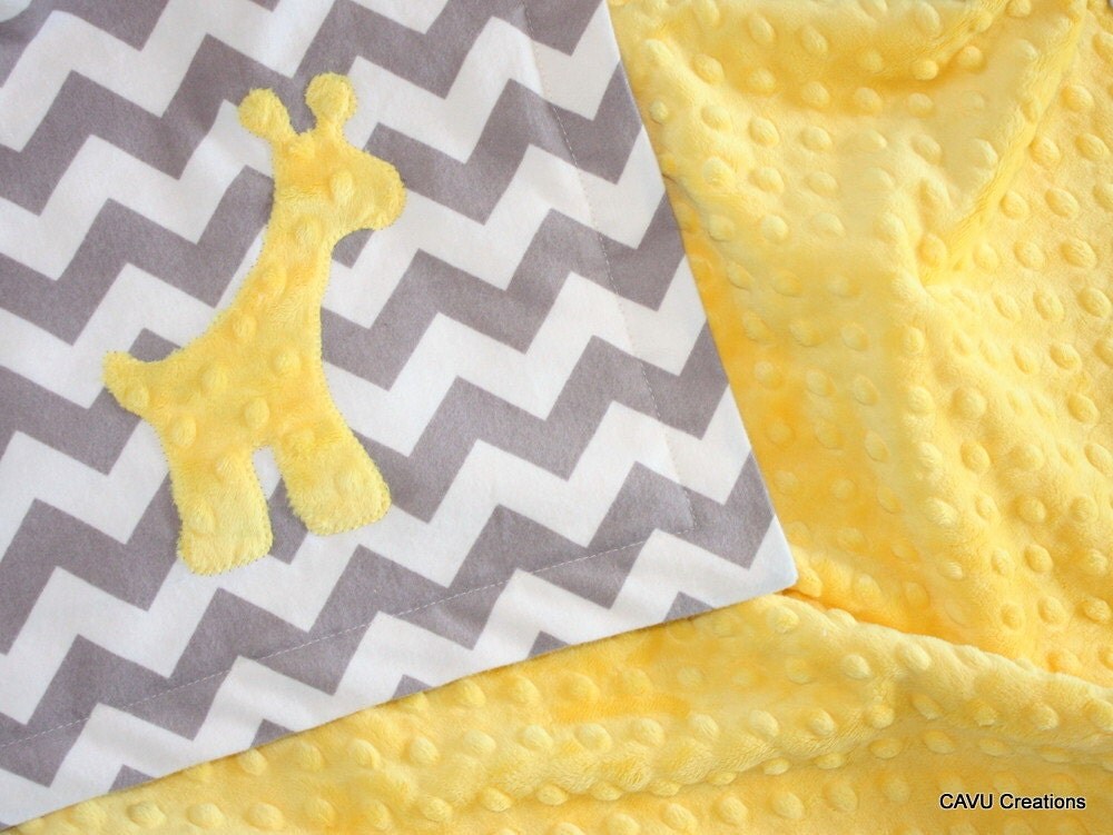 Gray and Yellow Minky Baby Blanket with Giraffe Applique