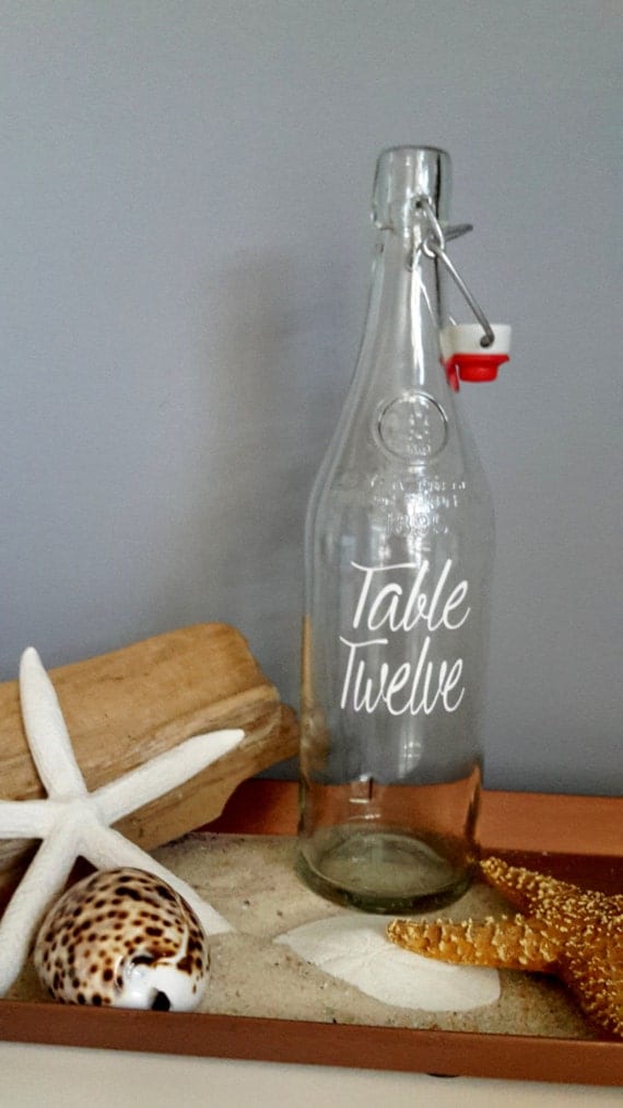 CUSTOM Wedding Water Bottle Drink Table Number Glass Bottle