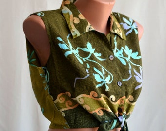 Crop Sleeveles Vintage Floral Top size S-M Thaiti Print Midriff Blouse Women Collar Top