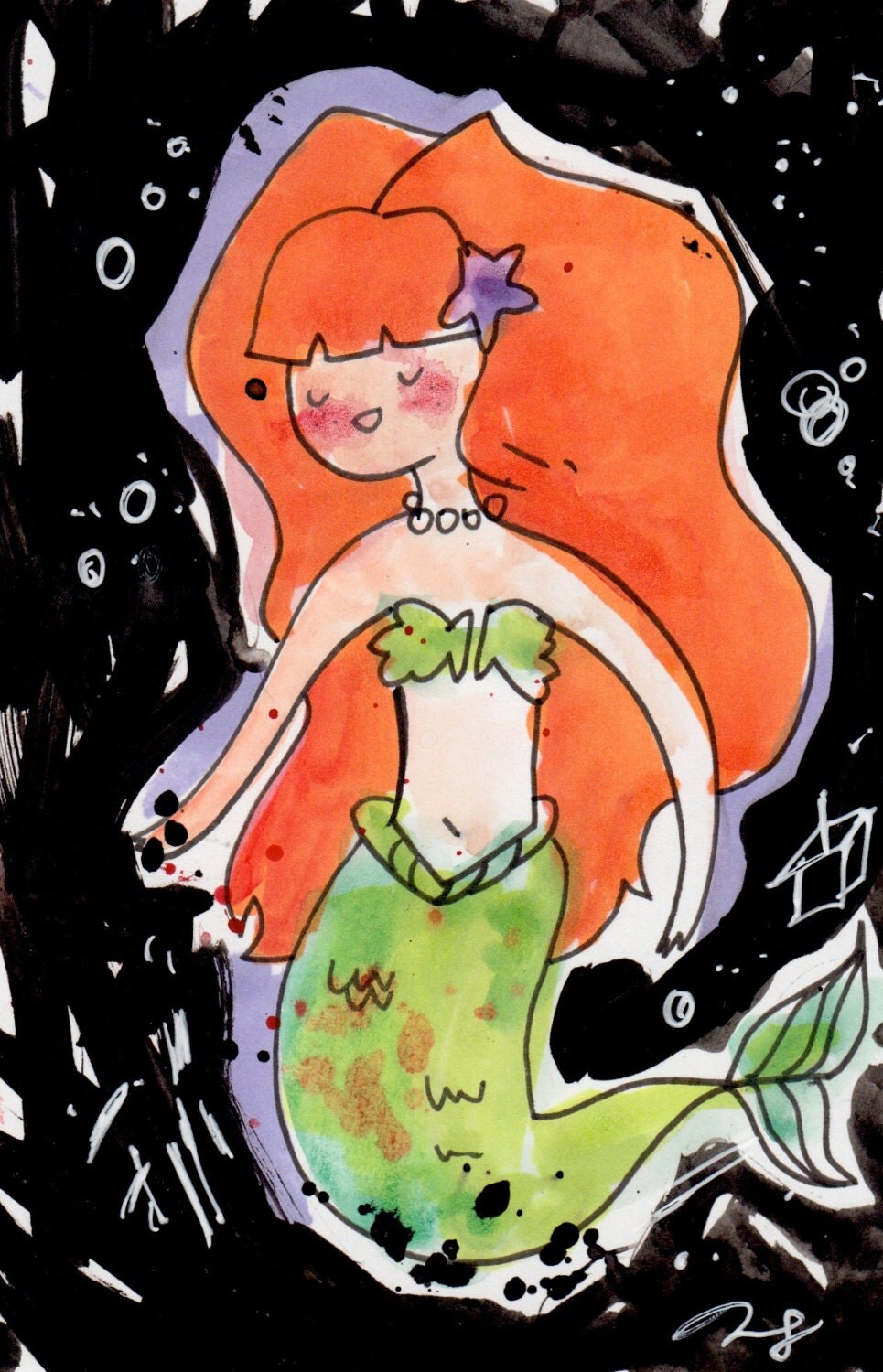 Original little Mermaid Painting No.1 Small 4x6 watercolor