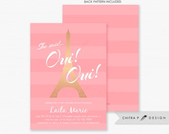 Paris Bridal Shower Invitations - Printed, Pink French Baby Shower Couples Engagement Parisian Eiffel Tower Gold White Blush Striped - #035