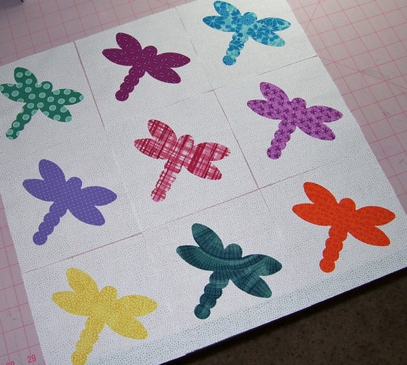 Set of 9 Dragonfly Applique Quilt Blocks, Bright Fabrics