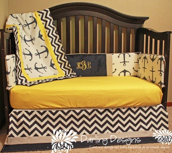 Items similar to Nautical baby bedding set yellow grey navy on Etsy