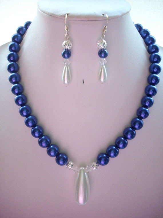 Navy Blue 12mm Pearl Necklace with Silver by DesignsbyPattiLynn