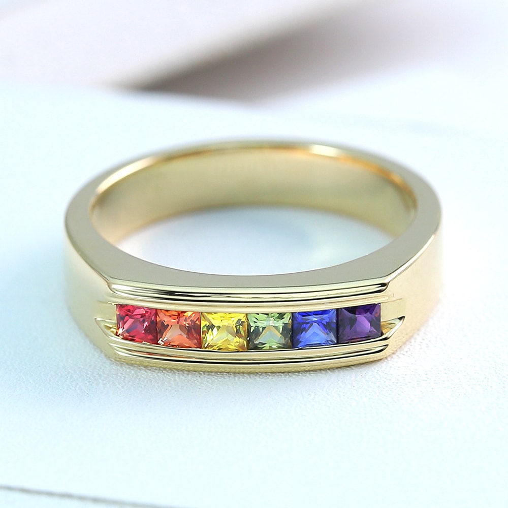 Mens Rainbow Ring 14K Yellow Gold Unisex Unique Natural