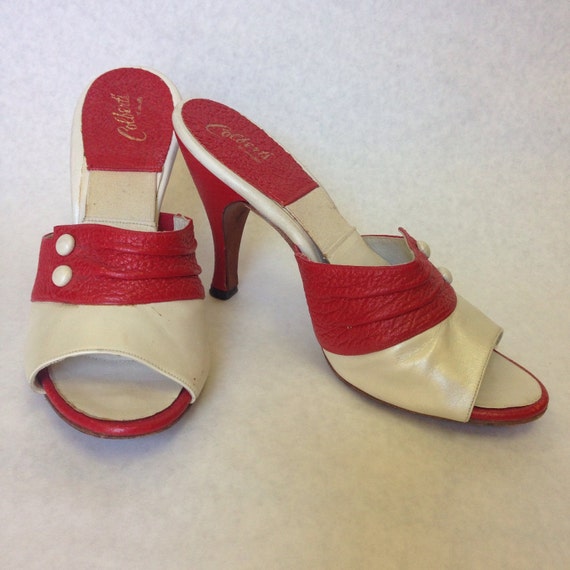 Vtg 40s Springolator Red Leather Pearlescent Pin Up Pumps