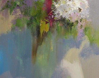 Oil Painting, White lilacs flower painting, abstract still life painting, Contemporary Floral Painting