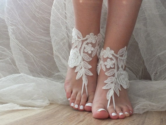 ivory Barefoot , french lace sandals, wedding anklet, Beach wedding ...