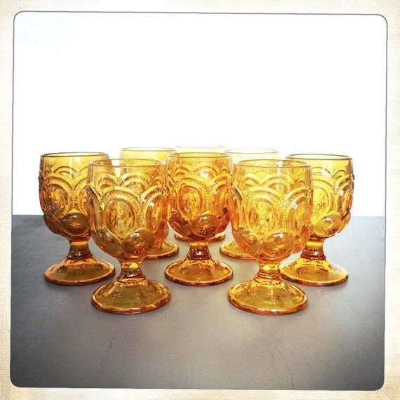 vintage amber goblets Moon and Stars pressed glass footed