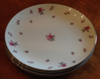 Meito China "Rosechintz" Pattern Set of Four Chintz China Dinner Plates, Pink Rose Floral Plates, Platinum Trim Plates, Pink Chintz Plates