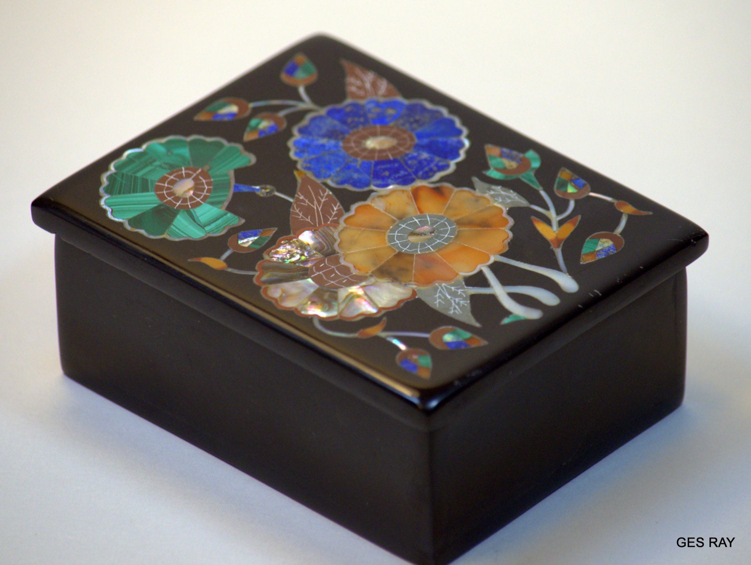Black Onyx Inlaid Semiprecious Gemstones Decorative Jewelry Box Trinket
