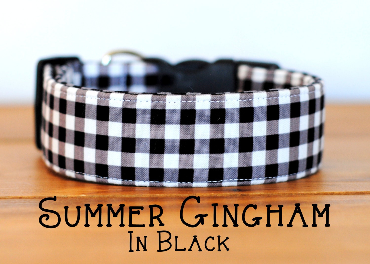 Modern Summery Gingham Dog Collar in Black