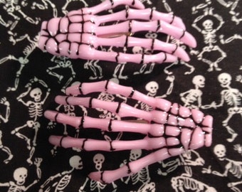 Pastel Goth Bubble Gum Pink Skeleton Hands Bone Hair Clips Set