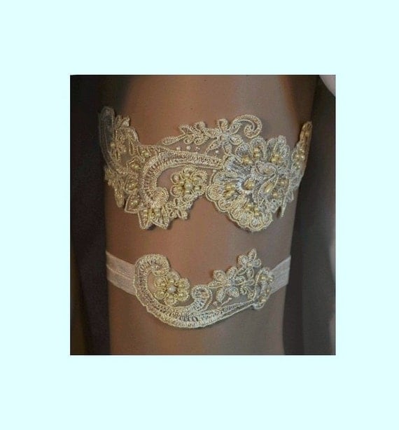 Champagne / Gold Lace Wedding Garter Unique by SpecialTouchBridal
