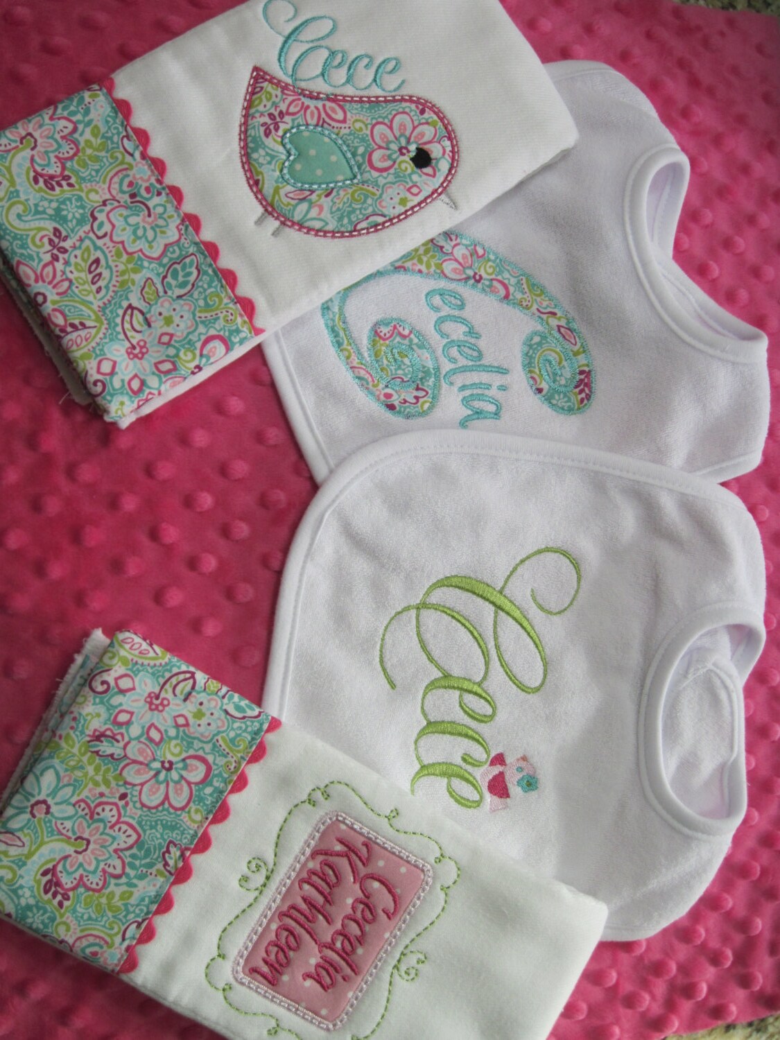 Personalized Baby Girl Burp Cloths and Bib Set