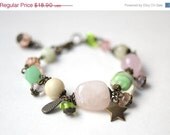 ON SALE Bracelets Stones Rose Quartz Lampwork Beads Antique Copper chain glass bracelet