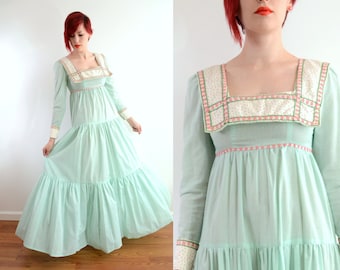 RARE Black Label Gunne Sax Maxi Dress Mint Green Gingham Floral Embroiderry Ribbon Empire Waist Tiers Puritan Collar Prairie Xxs Xs Small