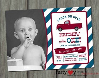 Vintage Truck Birthday Invitation, Pick Up Truck Invitation, Truck Birthday Invitation, Red and Blue Truck Birthday Invitation, Trucks