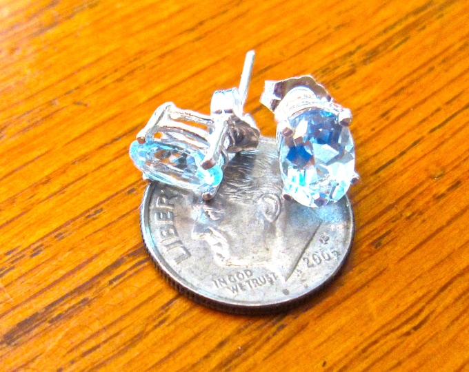 Sky Blue Topaz Studs, 8x6mm Oval, Natural, Set in Sterling Silver E796