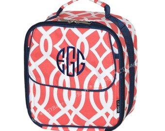 Lunch Bag | Lunch Box | School Lunch Bag | Kids Lunch Bag Box | Personalized Lunch Bag | Insulated Lunch Bag | Coral Vine With Navy Trim