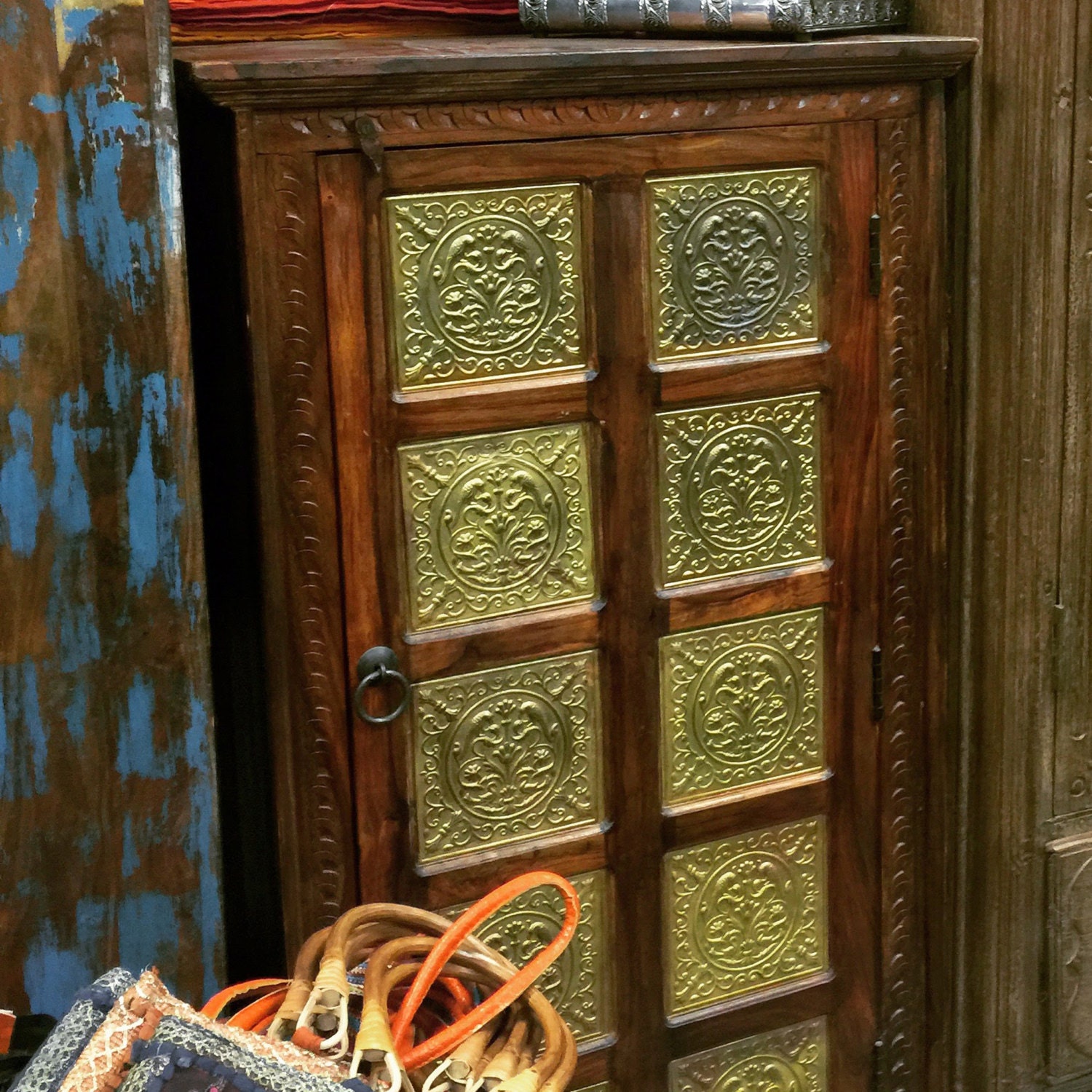 Antique Brass Minakari Work Storage Armoire Reclaimed Wood