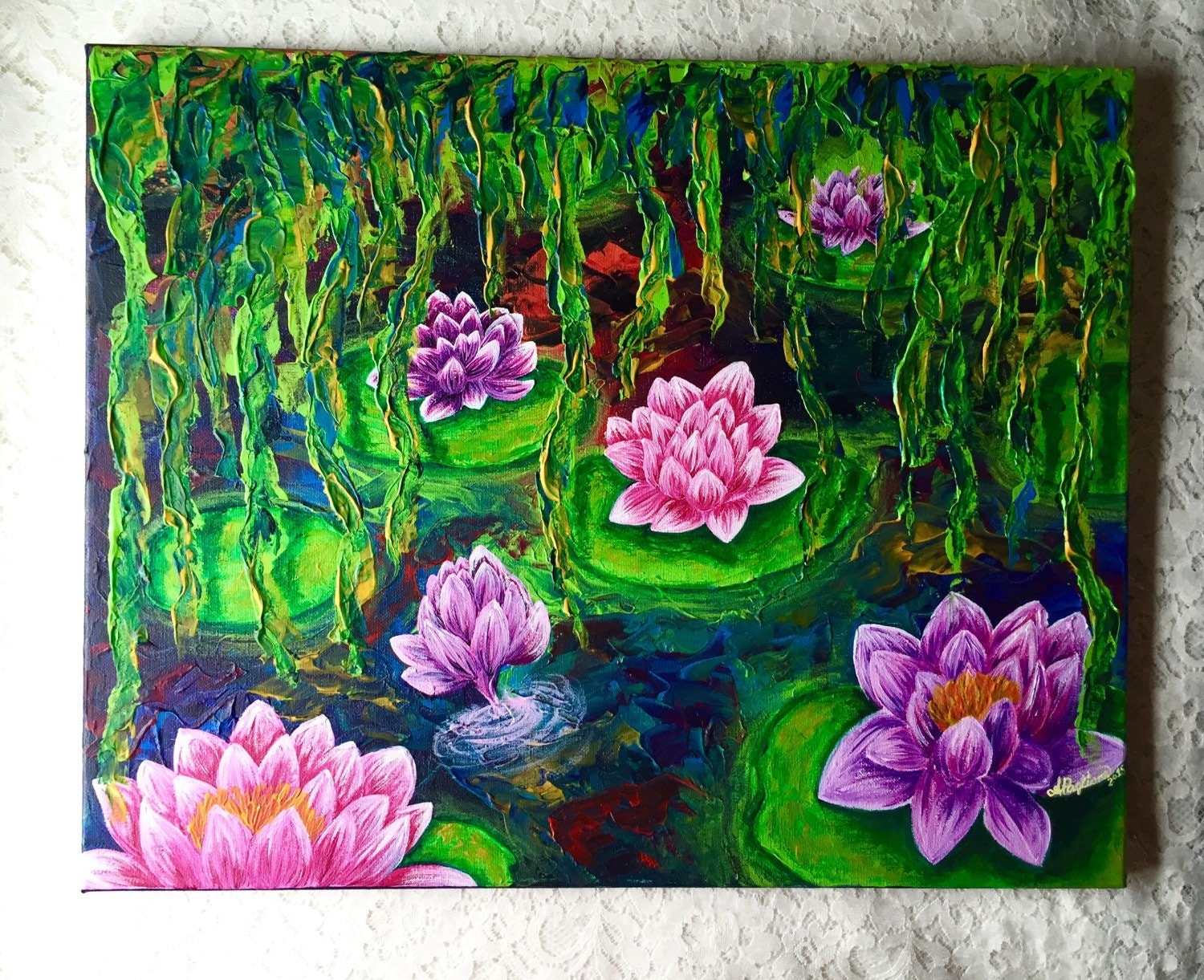 16x20 Acrylic Water Lily Painting On Canvas by ArianaVictoriaRose