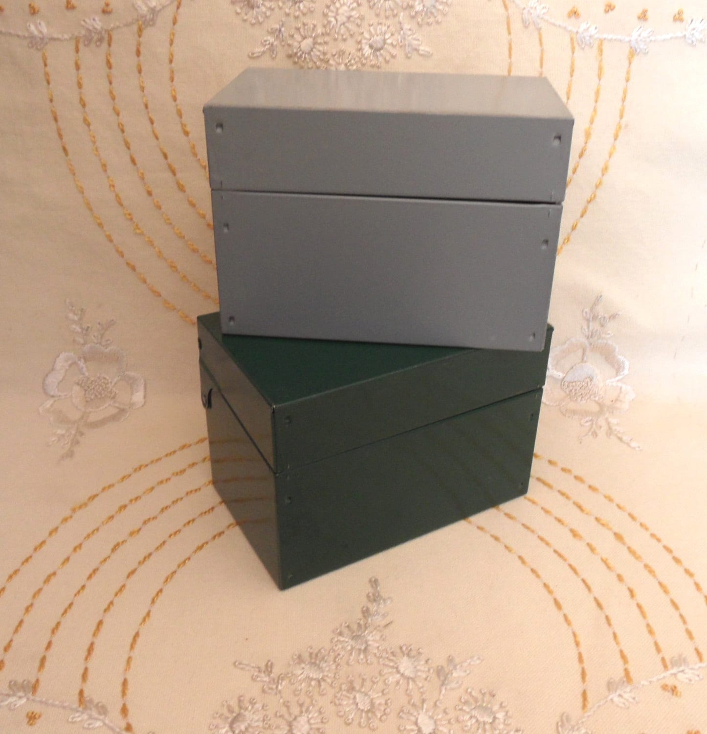 Two industrial metal boxes with hinged lids / vintage / gray