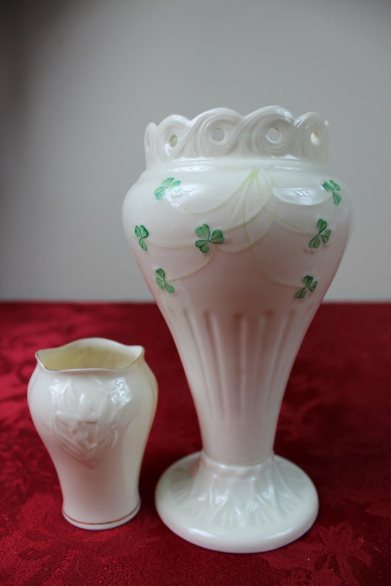 Two 2 Belleek of Ireland Porcelain Shamrock Vases by EviesKitchen