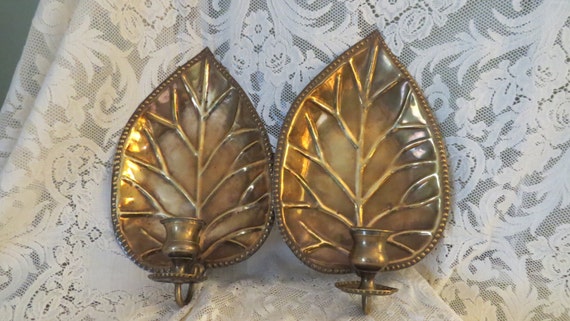 Vintage Solid Brass PALM Leaf Wall Candle Holders SALE