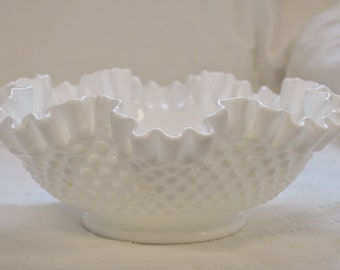 Vintage Large Fenton Hobnail Milk Glass Ruffled Edge Bowl