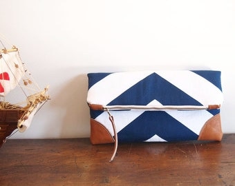 Navy/Nautical Fold over Clutch purse/ blue-white chevron/ leather details/zipper clutch/cruise/yacht