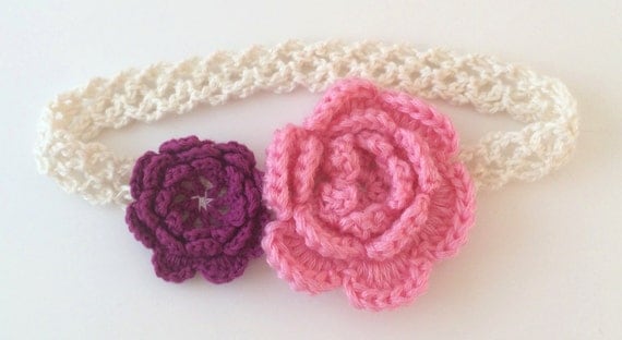 Crochet White with Multi-Pink Flower Headband - 3-9mo