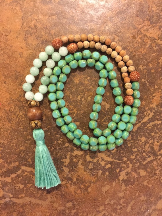 Ocean Meets Sand Zen Mala Necklace Teal Brown Beads with a