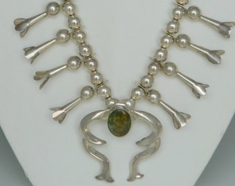 Native American Navajo Turquoise Sterling Sandcast Squash Blossom Necklace 20"- 24"