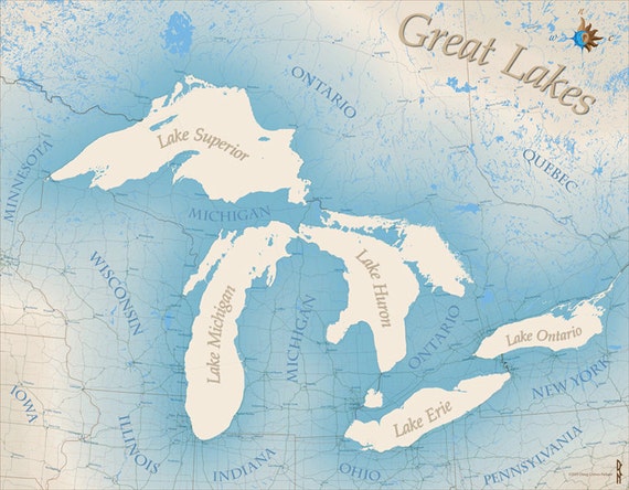 Blue Great Lakes Map Great Lakes Region Large 36x28 by WallArtMaps