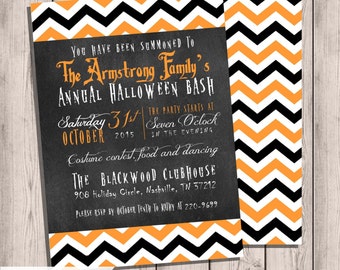 Halloween Chalkboard Invitation, Chevron Halloween Invitation, Printable Invitation Halloween Party, Double-sided,