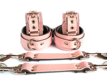 1-1/2" Baby Pink Leather BDSM Bondage Restraints 6 pc set with Straps & wrist ankle cuffs slave or sub