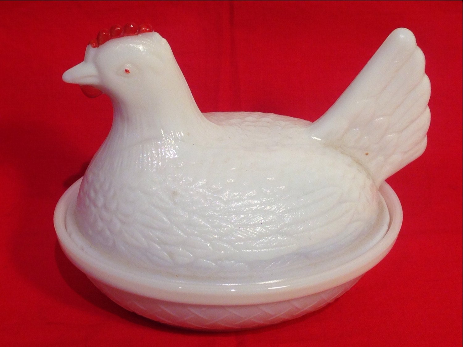 Milk Glass Chicken On Basket Hen Vintage Hazel Atlas or
