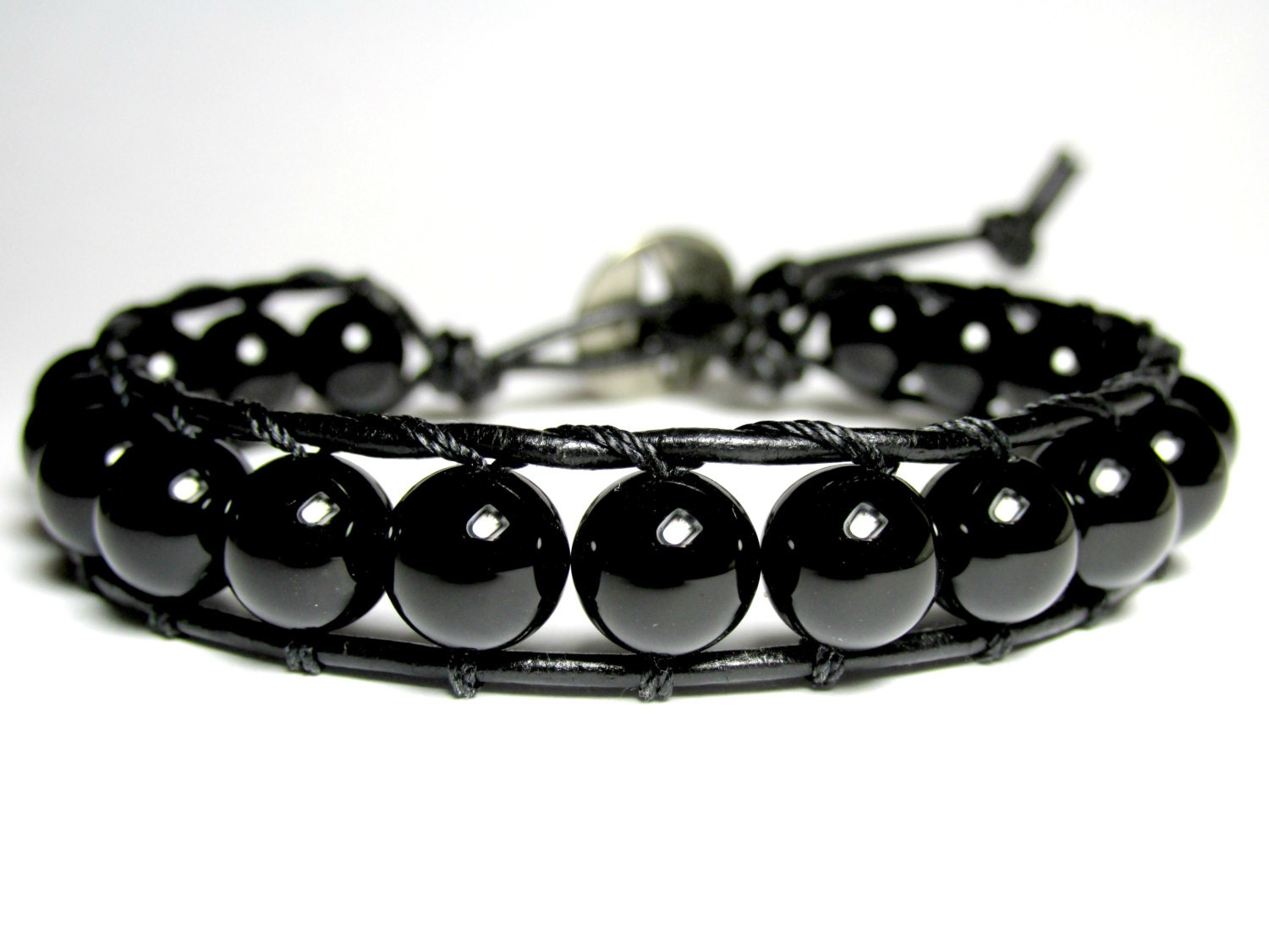 Black Onyx Leather Wrap Bracelet Onyx Beaded Bracelet Unisex