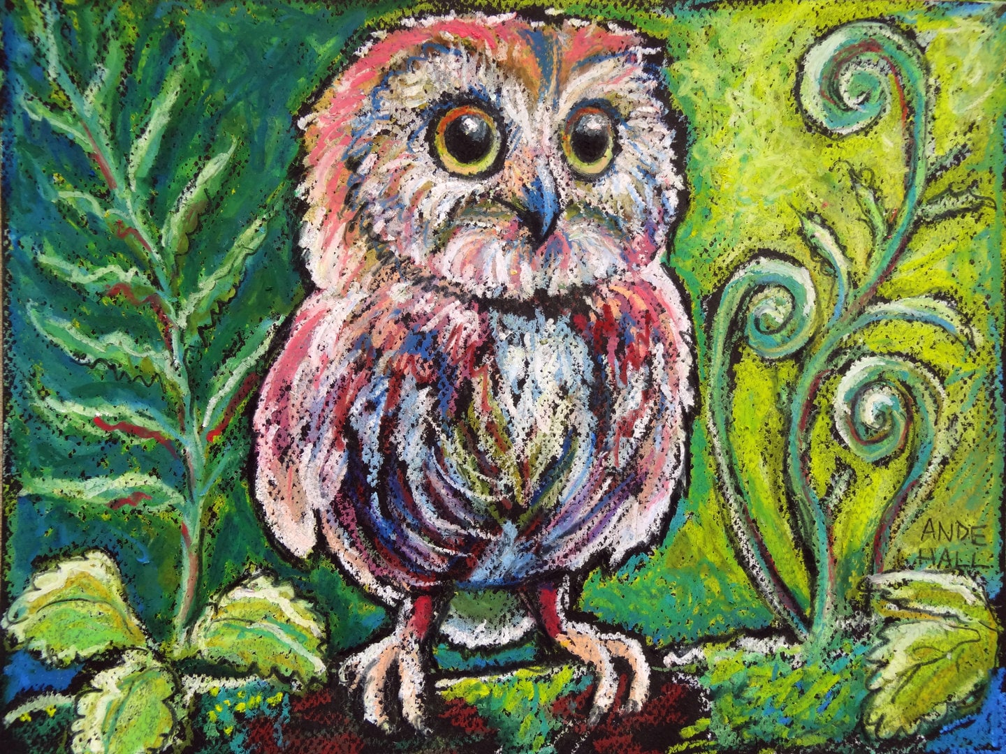 9x12 Original Owl Painting Oil Pastel Little by AndeHallArt