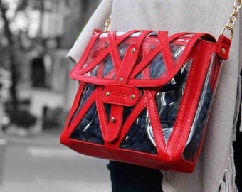 Clear stadium bag /Clear concert bag /Crossbody Bag/Game Day Pouch/Geometric transparent crossbody bag /Red Leather Clear Purse/gift for her