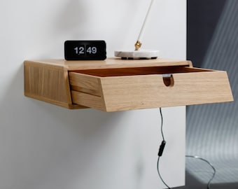 White Floating nightstand bedside table drawer in solid oak