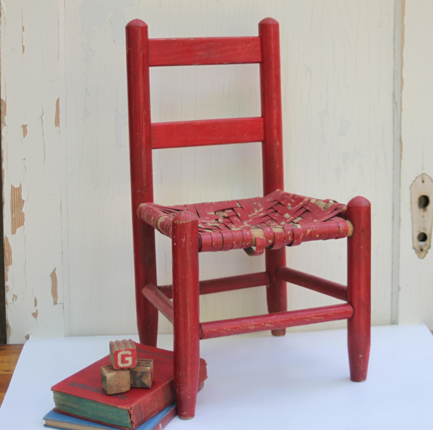 Vintage Red Child’s Chair with Woven Seat – Folk Art – Haute Juice