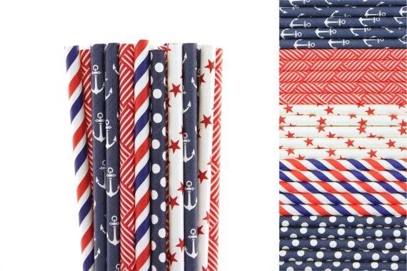 Navy Blue and Red Paper Straw Mix-Navy Straws-Anchor Straws-4th of July Straws-Basket Weave Straws-Star Straws-Striped-Polka Dot Straws Il_570xn
