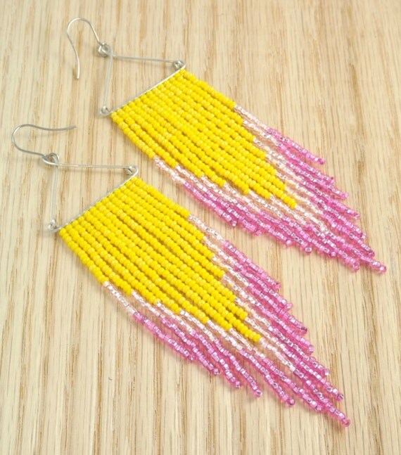 Pink Lemonade Long Beaded Earrings Yellow and by Beadalilmore