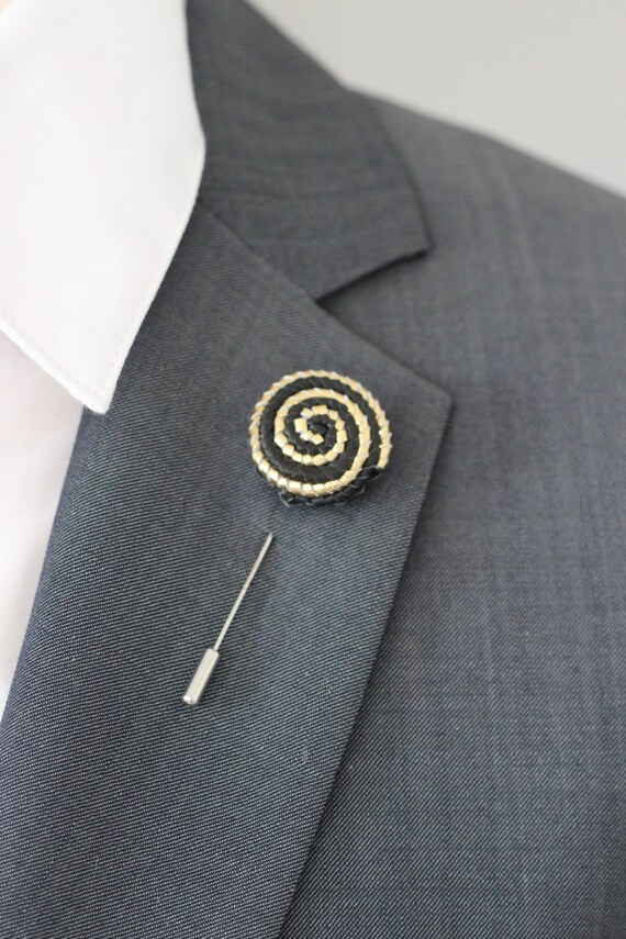 Mens gold lapel pin black and gold flower by NevesticaLeather