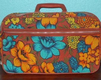 60s Vintage Overnight Bag Mod Flower Power Soft Side Canvas CarryOn