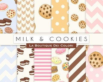 Milk and Cookies Digital Paper, Stripes, Chevron, Polkadots, Milk and Cookie Party, Instant Download for Personal and Commercial Use